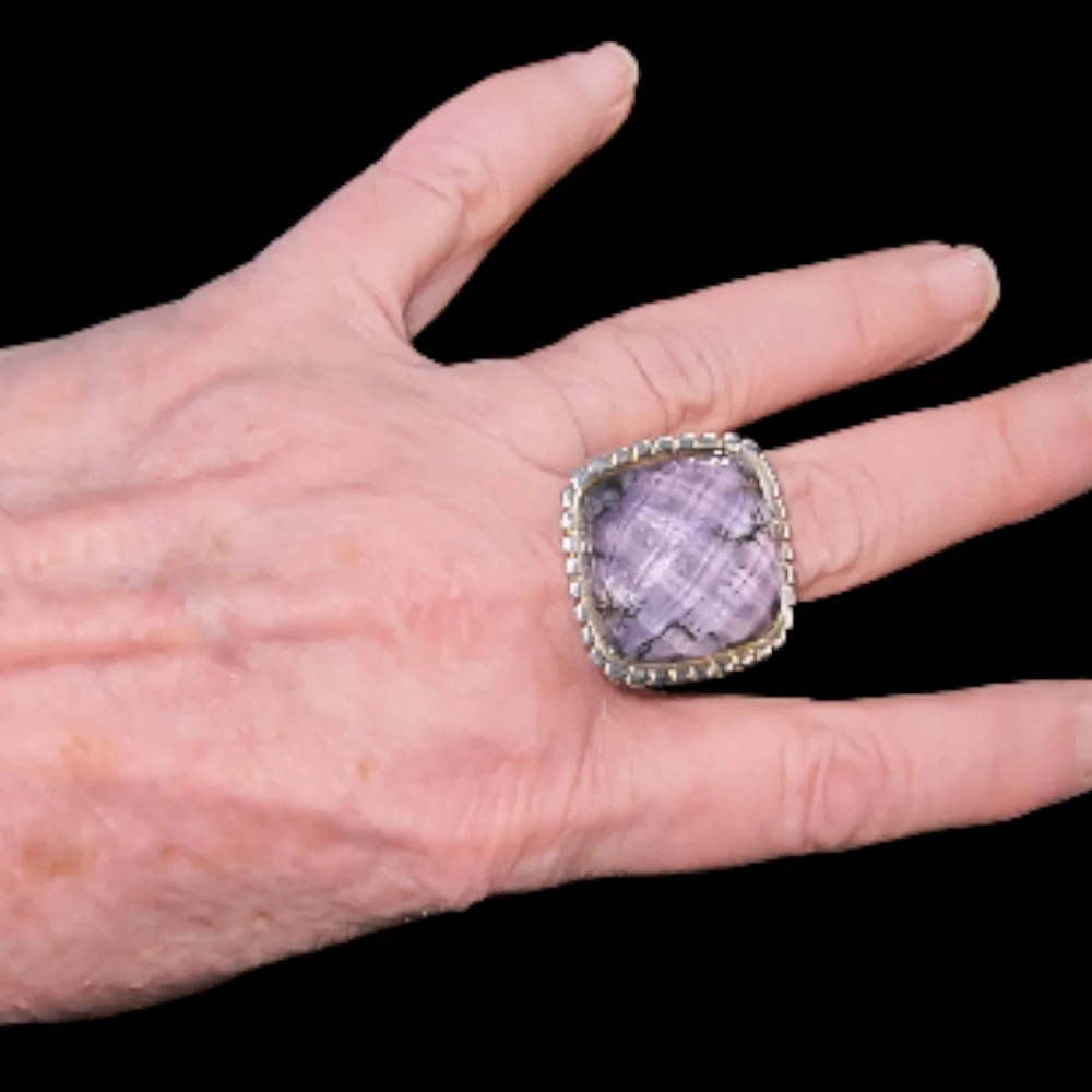 Vintage Very Large Charoite, Clear Quartz And Sterling Silver Doublet Ring